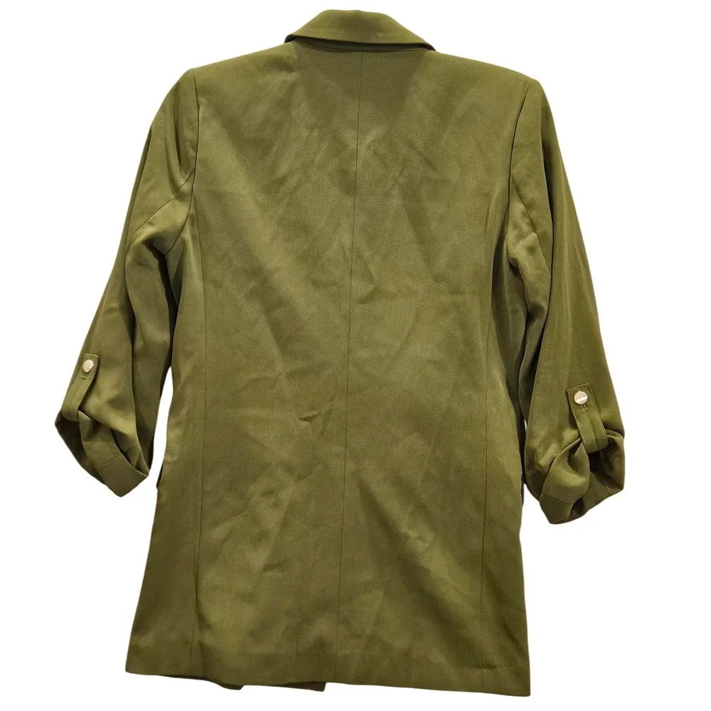 Retro Military Green Silky Long Line Blazer Roll Tab Sleeve Women XS Relaxed#450